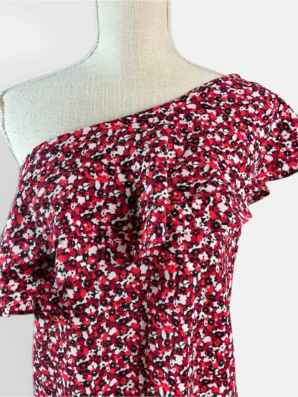Michael Kors One-Shoulder Floral Ruffle Camisole in Burgundy and Pink Size 2